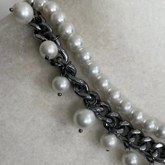 Edgy Pearl and Gunmetal Chain Fringe Sophisticated Bohemian Necklace